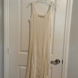 Sleeveless Cream Dress with floral Embellished Neckline